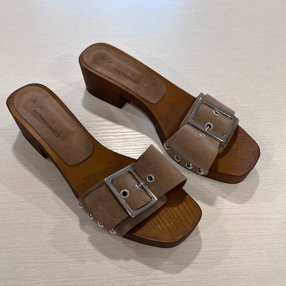 Anthropologie Suede Mules with Block Heel and Buckle Sz 41